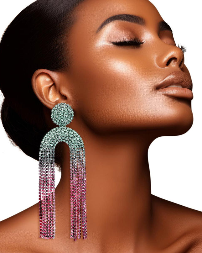 Fringe Pink Green Long Arched Earrings for Women