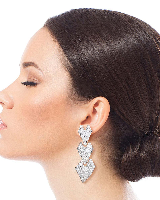 Triple Heart Pave Silver Earrings