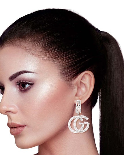 Silver Pave GG Charm C Hoops