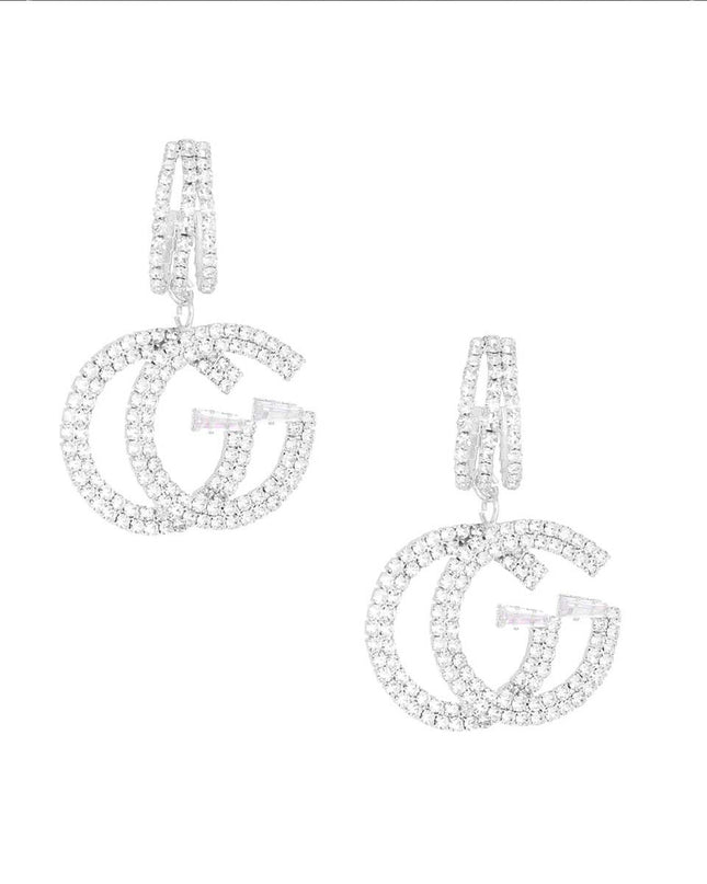 Silver Pave GG Charm C Hoops