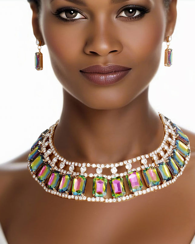 Pink Green Radiant Crystal Collar Set