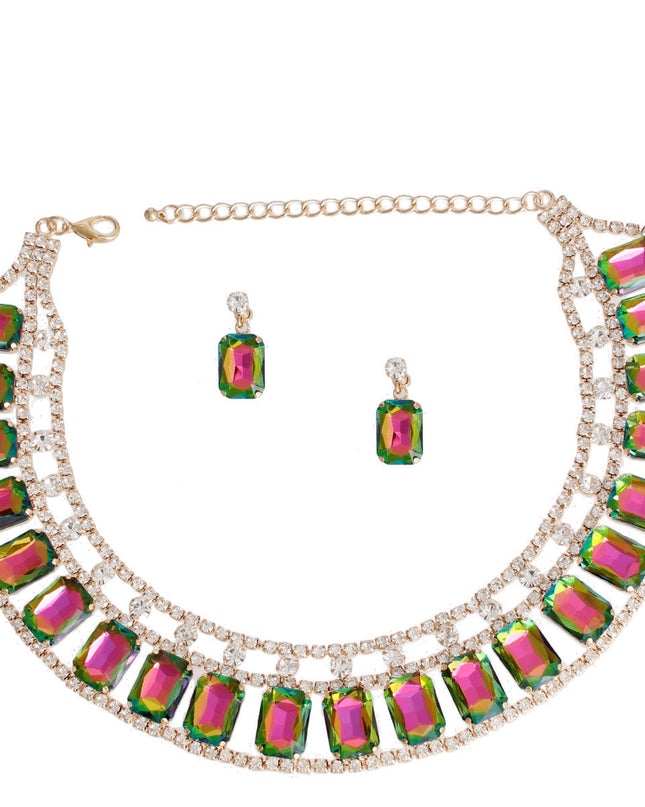 Pink Green Radiant Crystal Collar Set