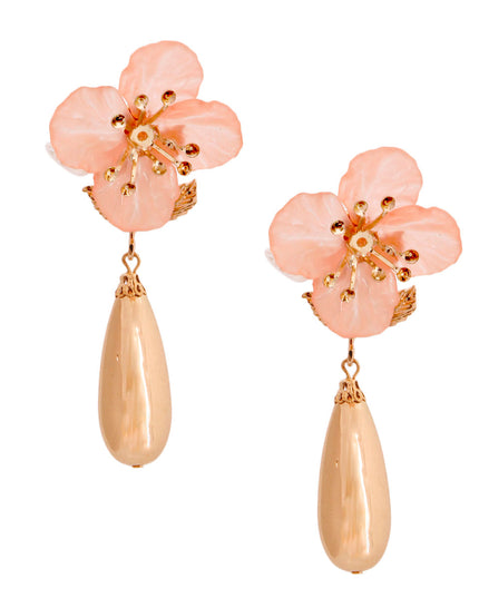 Pink Flower Gold Teardrop Earrings