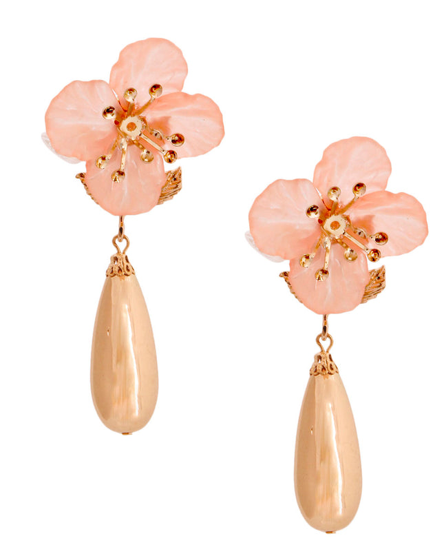 Pink Flower Gold Teardrop Earrings