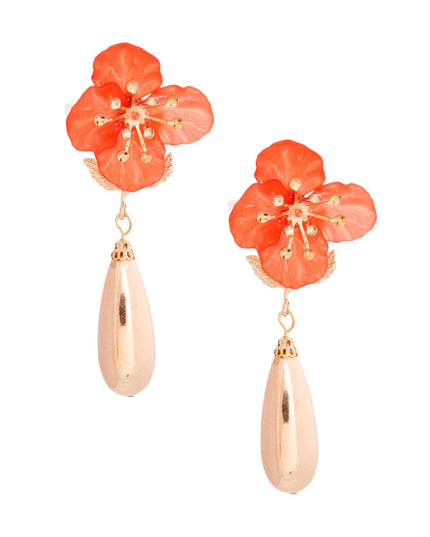 Red Flower Gold Teardrop Earrings