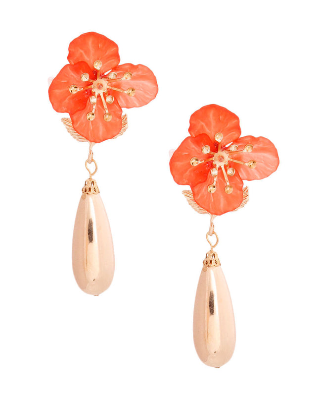 Red Flower Gold Teardrop Earrings