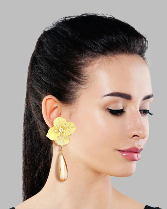 Yellow Flower Gold Teardrop Earrings