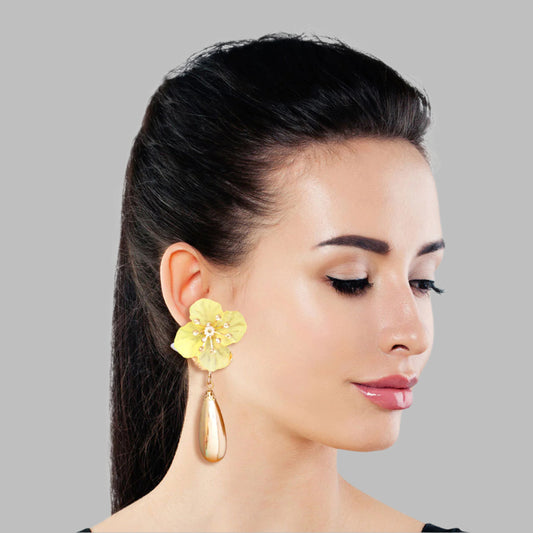 Yellow Flower Gold Teardrop Earrings