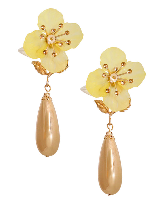 Yellow Flower Gold Teardrop Earrings