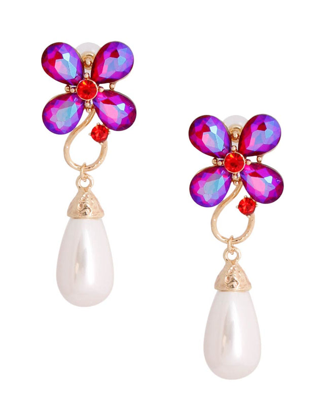 Purple Flower Pearl Teardrop Earrings