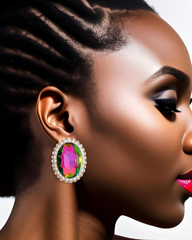 Pink Green Oval Halo Studs