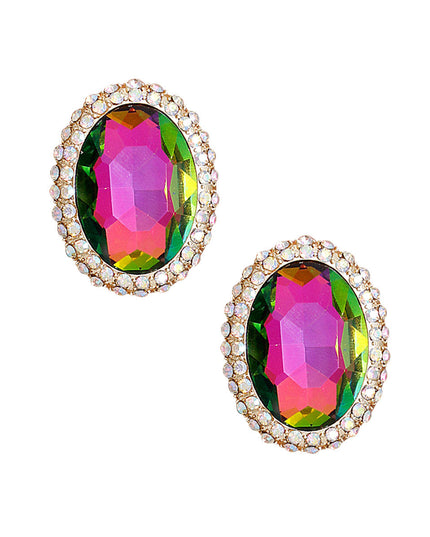 Pink Green Oval Halo Studs