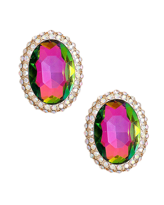 Pink Green Oval Halo Studs