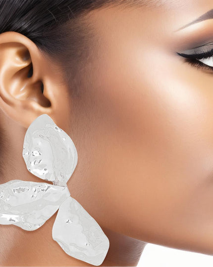 Clip On Large Silver Petal Earrings for Women