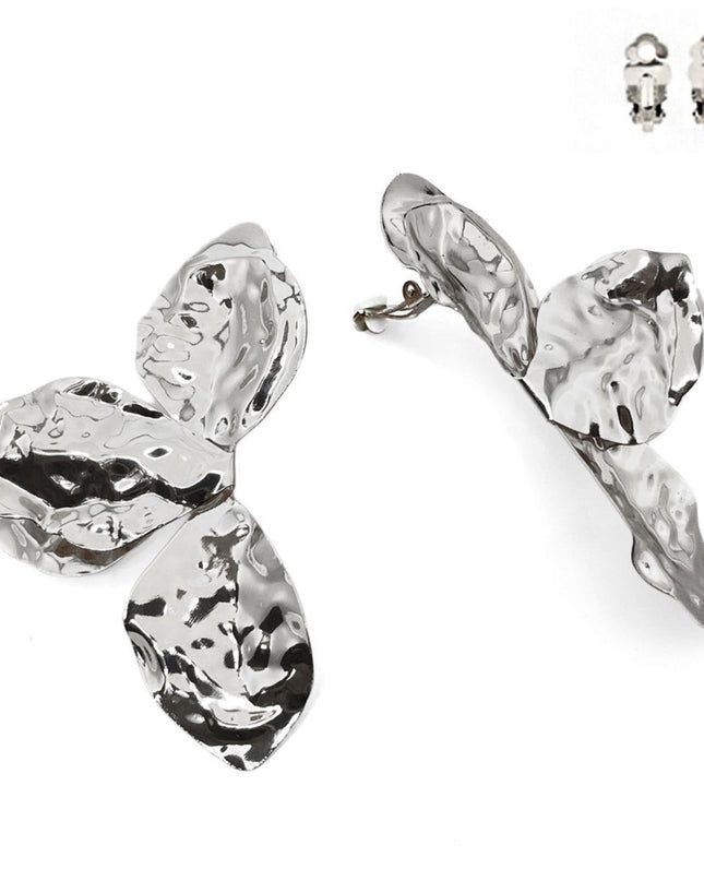 Clip On Large Silver Petal Earrings for Women