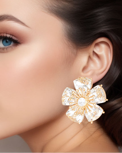 Clip On Gold Medium Crystal Flower Earrings Women