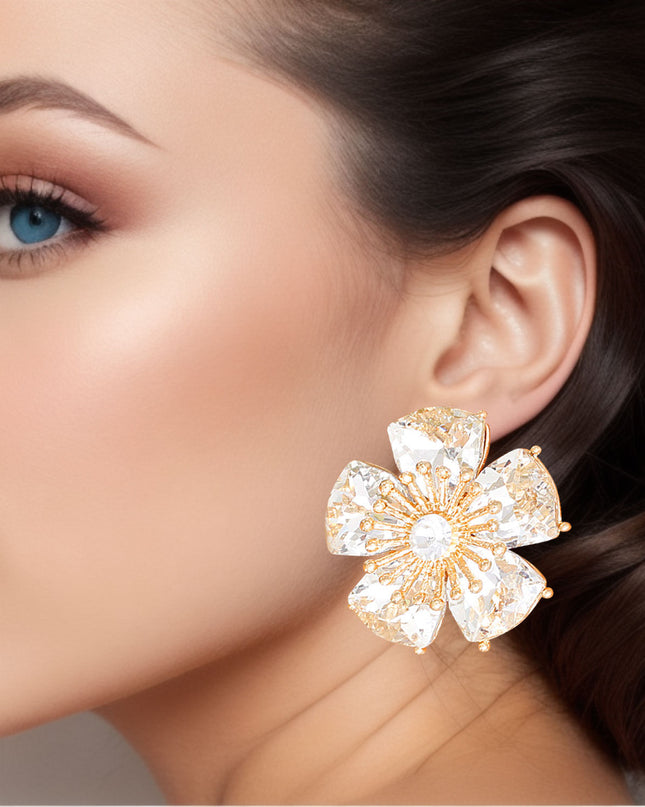 Clip On Gold Medium Crystal Flower Earrings Women