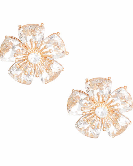 Clip On Gold Medium Crystal Flower Earrings Women