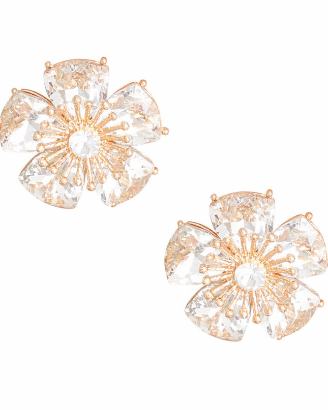 Clip On Gold Medium Crystal Flower Earrings Women