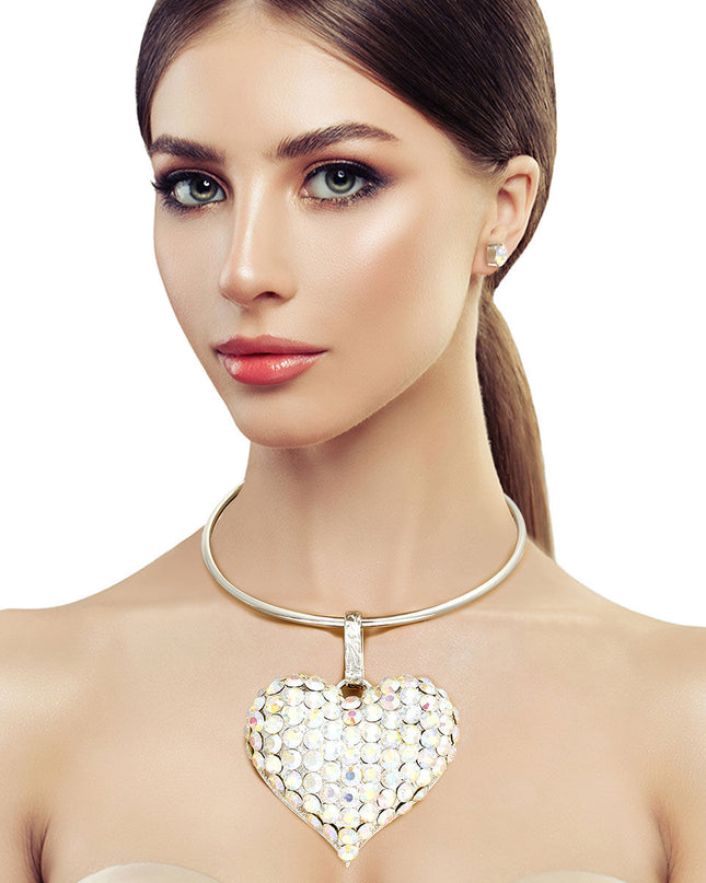 Silver Collar XL Aurora Borealis Heart Set
