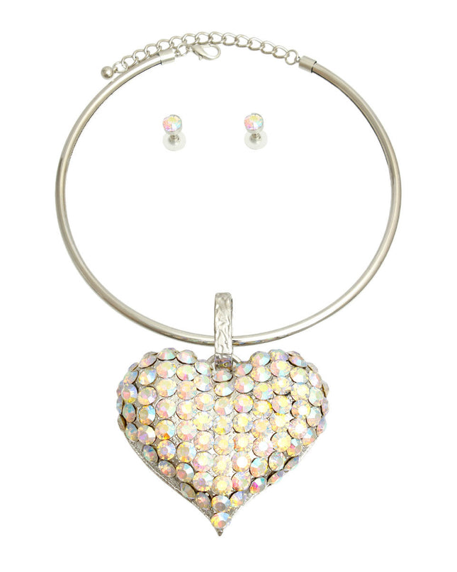 Silver Collar XL Aurora Borealis Heart Set