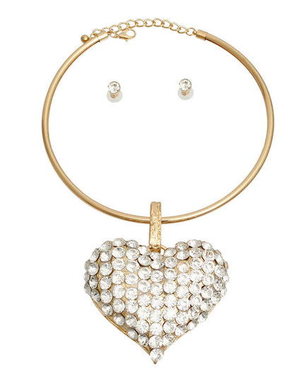 Gold Rigid Collar XL Rhinestone Heart Set