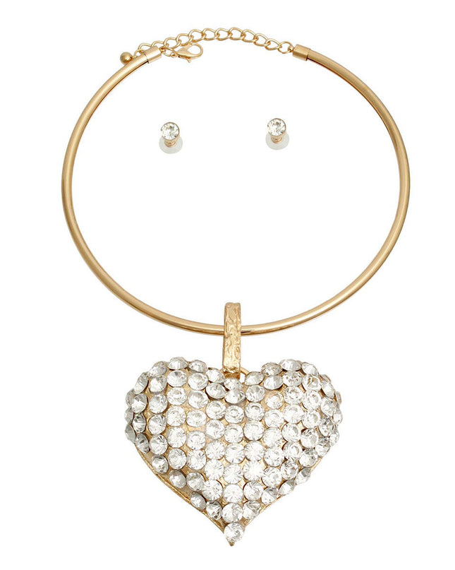 Gold Rigid Collar XL Rhinestone Heart Set