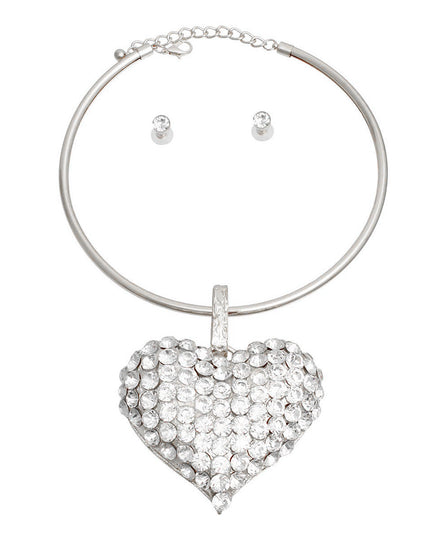 Silver Rigid Collar XL Rhinestone Heart Set