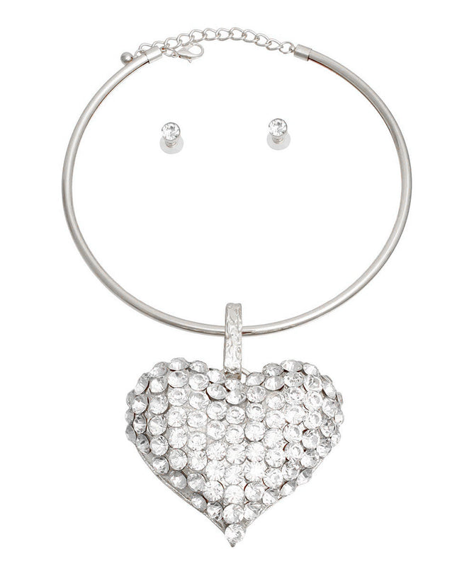 Silver Rigid Collar XL Rhinestone Heart Set