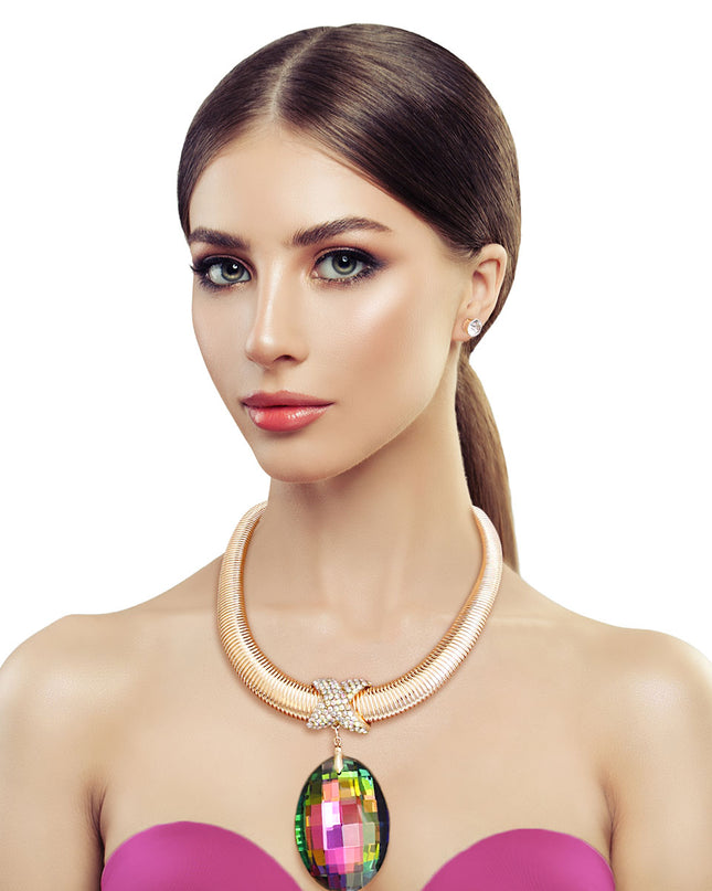 Pink Green Oval Omega Chain Set
