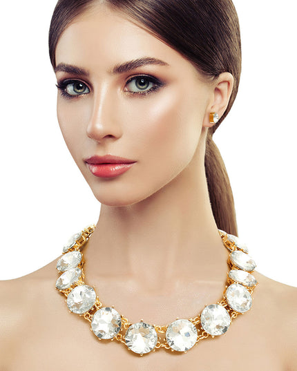 Gold and Clear Round Crystal Link Necklace