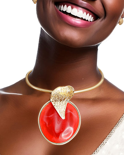 Gold Curved Leaf Red Pendant Set