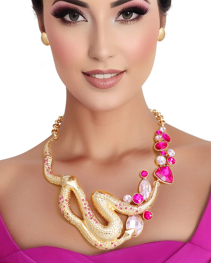 Bib Necklace Gold Fuchsia Snake Set for Women