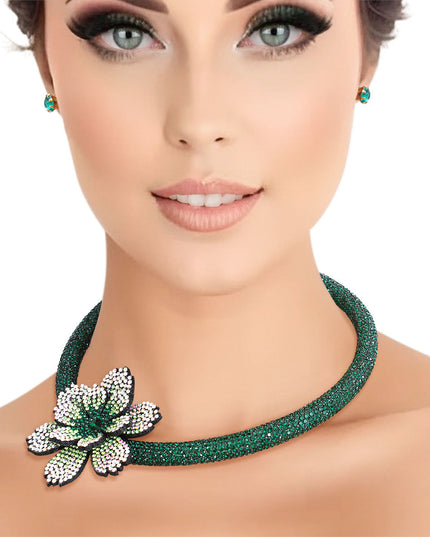 Choker Green Bling Offset Flower Set for Women