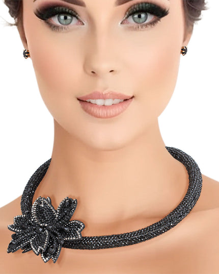 Choker Black Bling Pointed Flower Set for Women