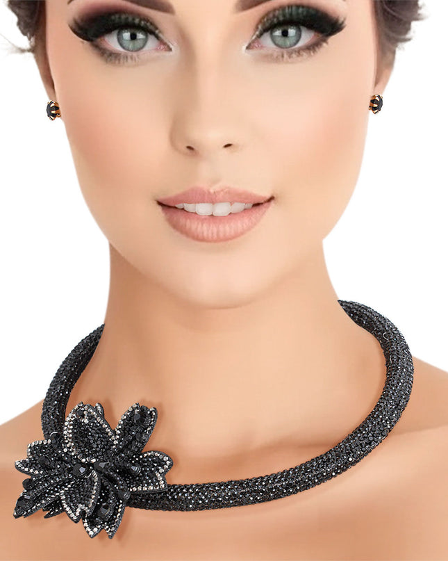 Choker Black Bling Pointed Flower Set for Women