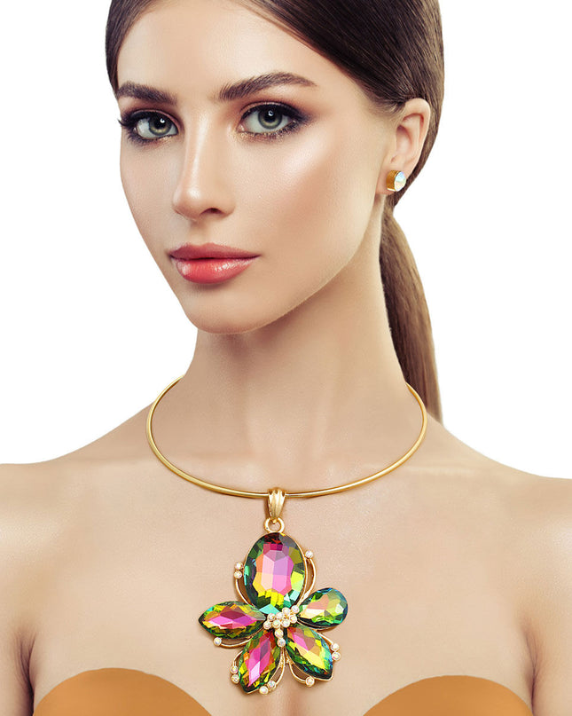 Pink Green Crystal Flower Necklace
