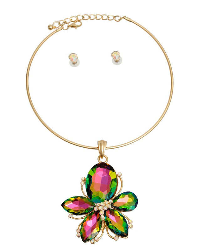Pink Green Crystal Flower Necklace