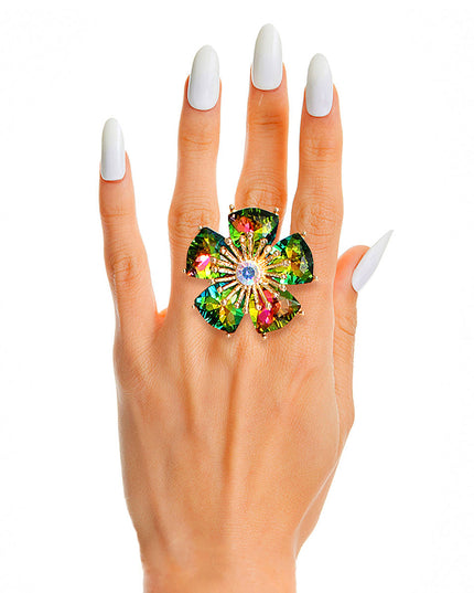 Pink Green Daisy Crystal Ring