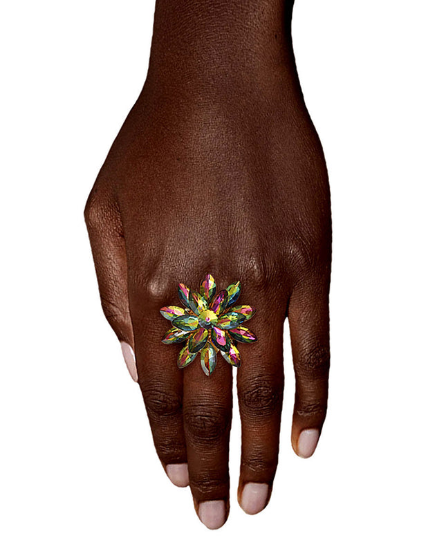Pink Green Stacked Marquise Flower Ring