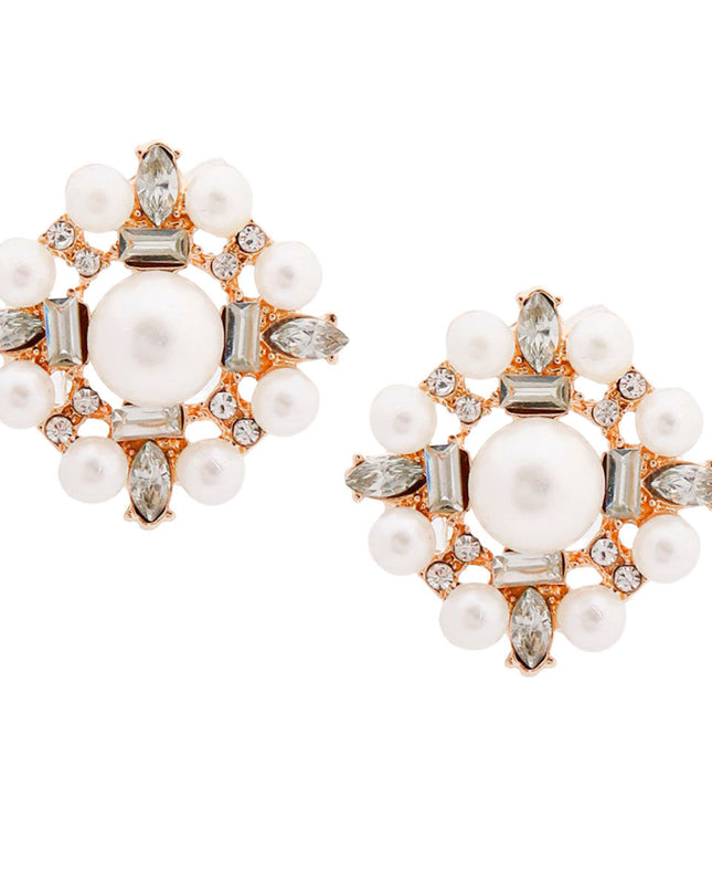 Gold Pearl Baguette Studs