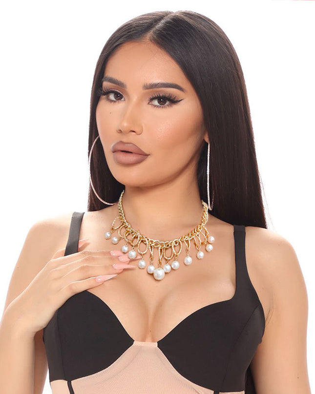 Gold Textured Link Pearl Drop Set