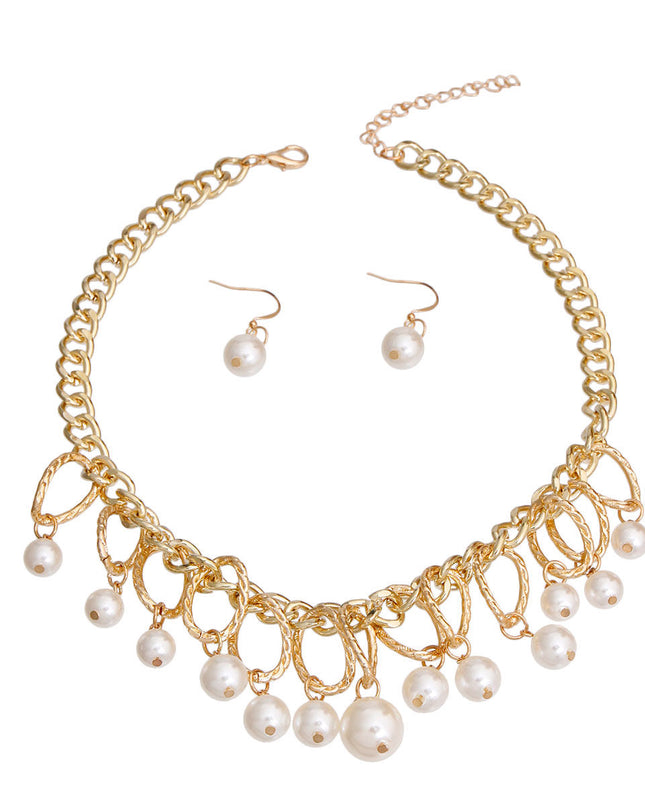 Gold Textured Link Pearl Drop Set
