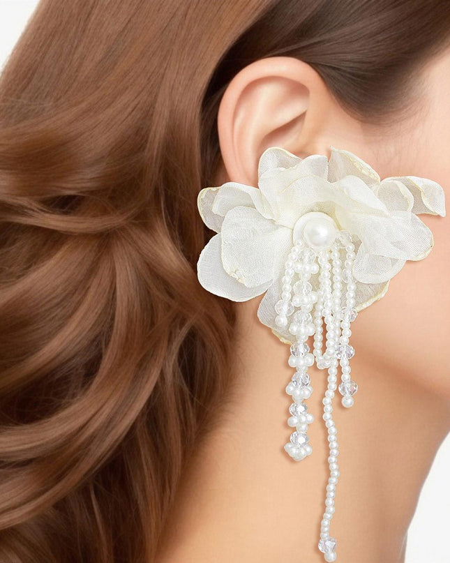 Drop Cream Fabric Flower Pearl Earrings for Women