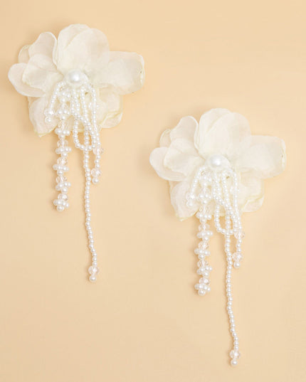 Drop Cream Fabric Flower Pearl Earrings for Women