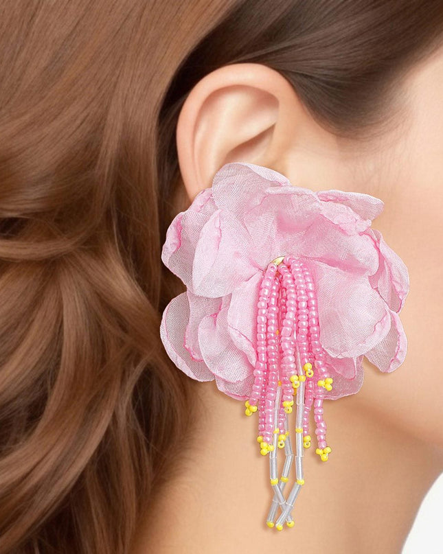 Drop Pink Fabric Flower Bead Earrings for Women
