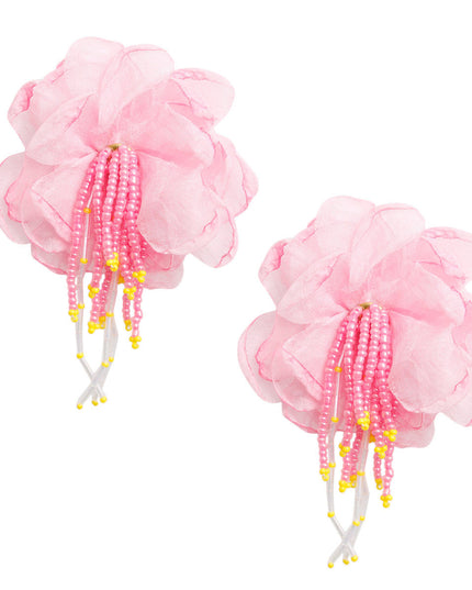 Drop Pink Fabric Flower Bead Earrings for Women