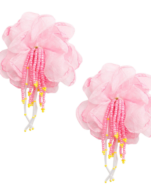 Drop Pink Fabric Flower Bead Earrings for Women