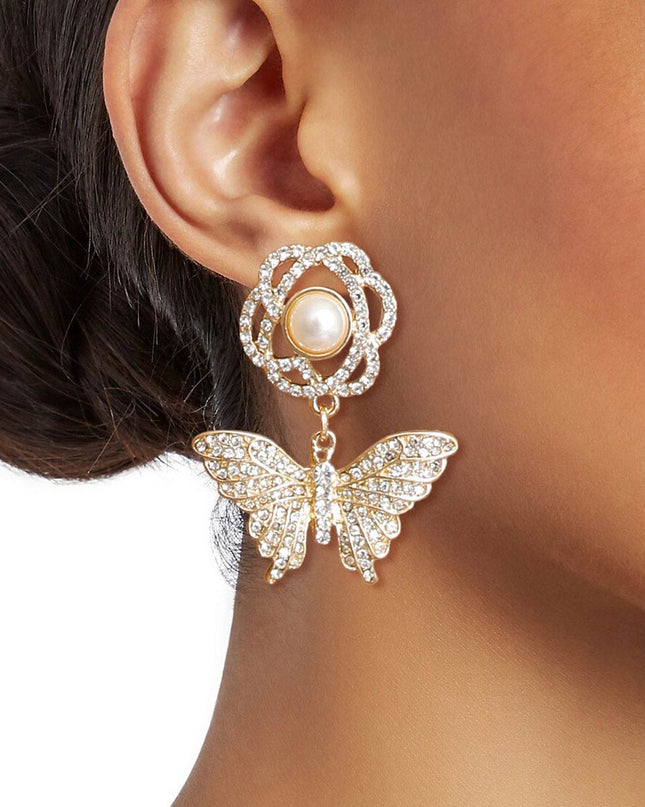 Gold Rose Butterfly Rhinestone Earrings