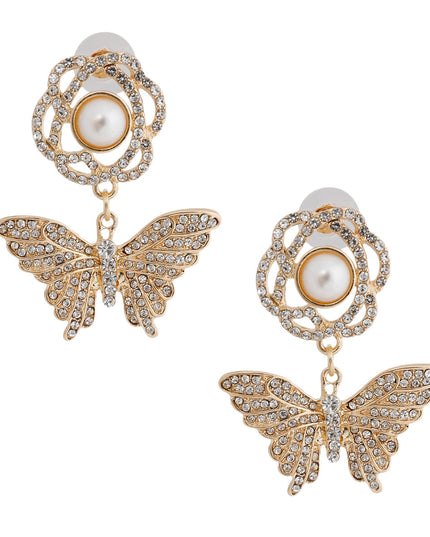 Gold Rose Butterfly Rhinestone Earrings